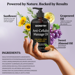 SKINETRY Anti Cellulite Massage Oil and Silicone Body Brush – Collagen and Stem Cell Skin Tightening Formula for Smoothing and Firming (8 fl oz / 240ml)
